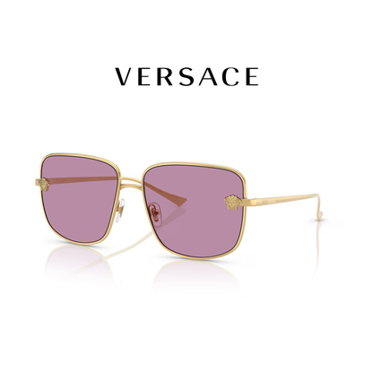 Versace sunglasses with gold frame and purple lenses on a white background