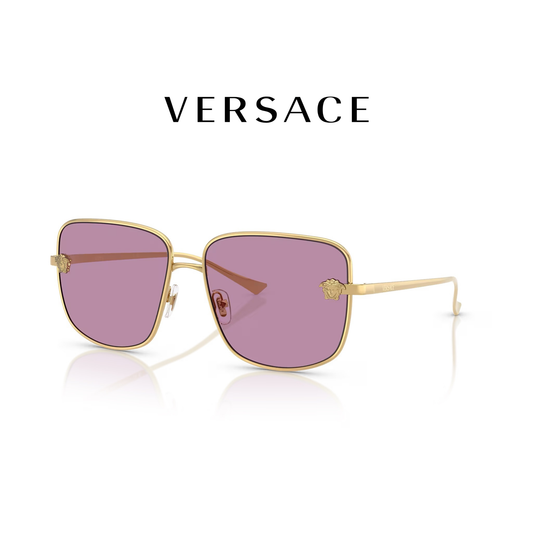 Versace sunglasses with gold frame and purple lenses on a white background